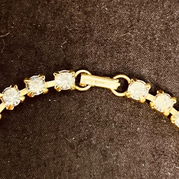 Vintage Gold Tone Blue And Clear Rhinestone Floral Tennis Bracelet (3800) - Picture 4 of 9